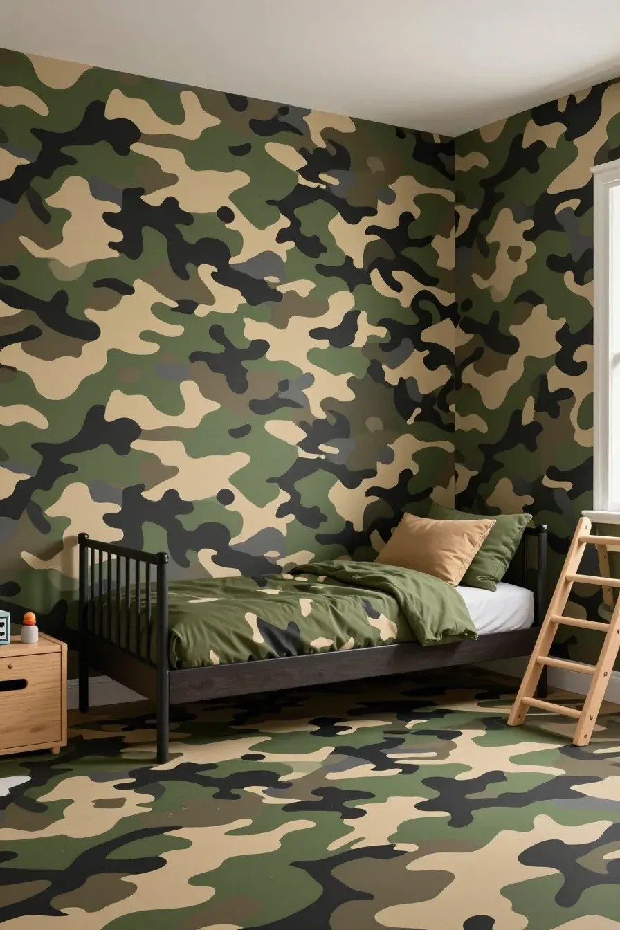 A boy's room featuring khaki and olive camouflage wallpaper with a dark wood bed and green bedding.