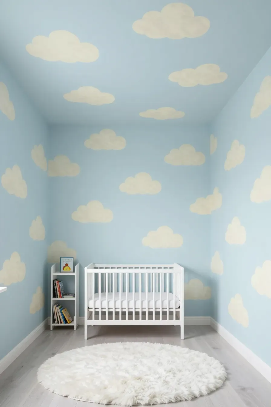 A peaceful nursery with pale blue cloud wallpaper, white furniture, and a soft white rug.