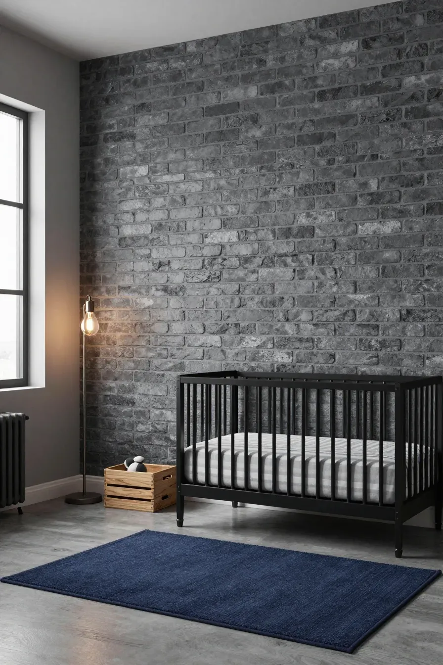 An industrial-style nursery with grey brick wallpaper, a black metal crib, and a navy rug.