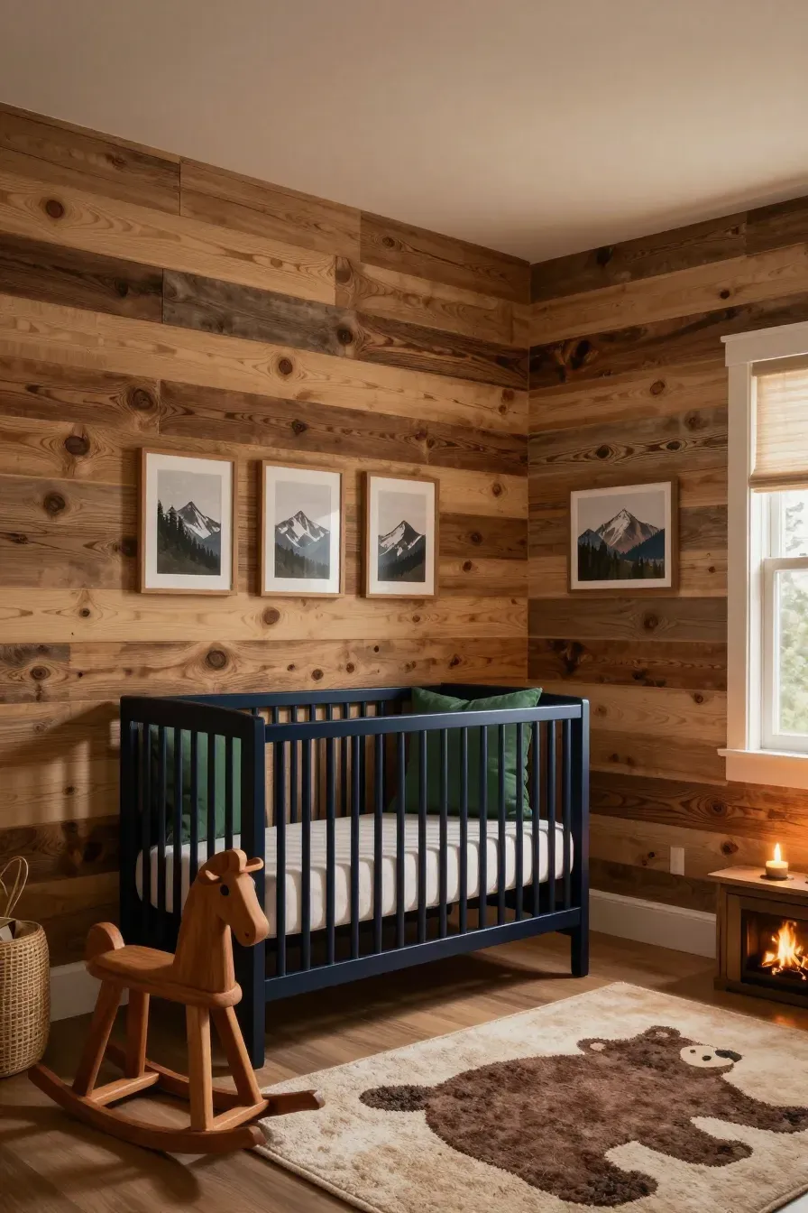 A rustic nursery with wood plank wallpaper, a navy blue crib, and forest-themed decor.