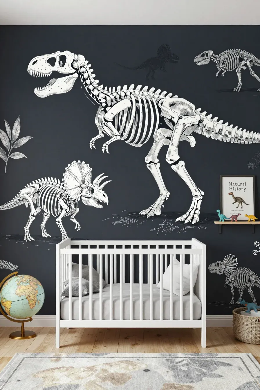 A modern boy's room with charcoal wallpaper featuring white dinosaur skeleton illustrations.