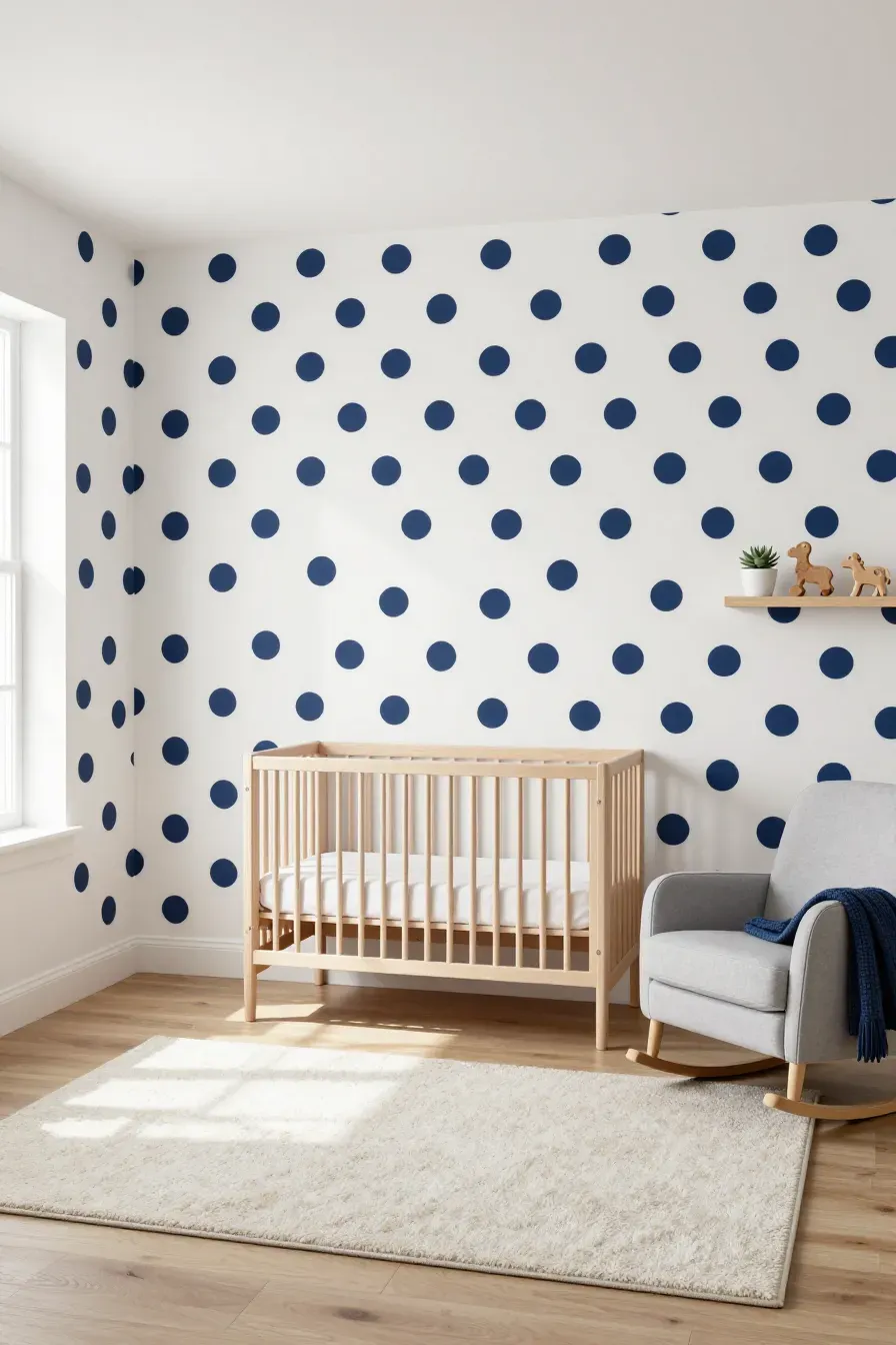 A modern boy's nursery featuring navy blue polka dot wallpaper, a light wood crib, and a grey rocker.