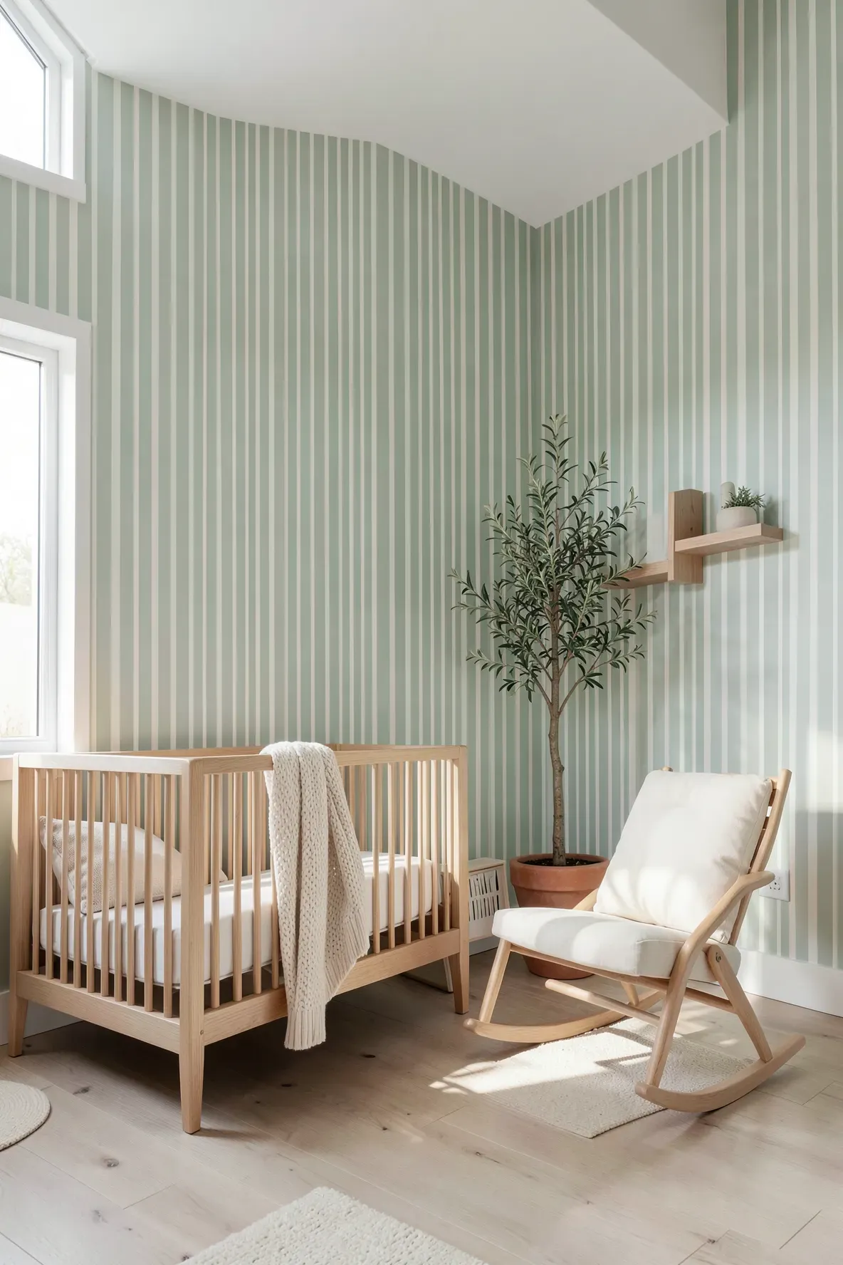 A gender-neutral nursery with soft sage green striped wallpaper and light oak furniture.