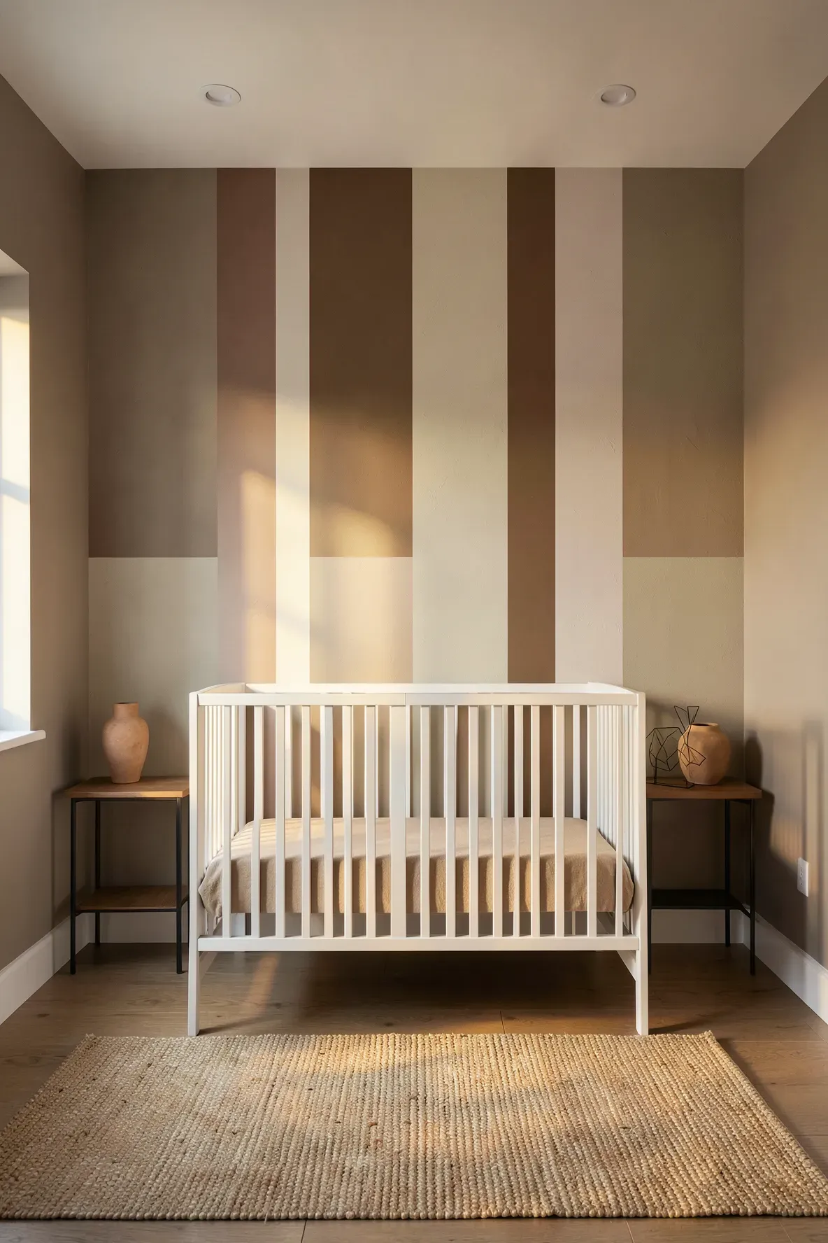 A nursery accent wall with wide clay and taupe stripes behind a modern white crib.