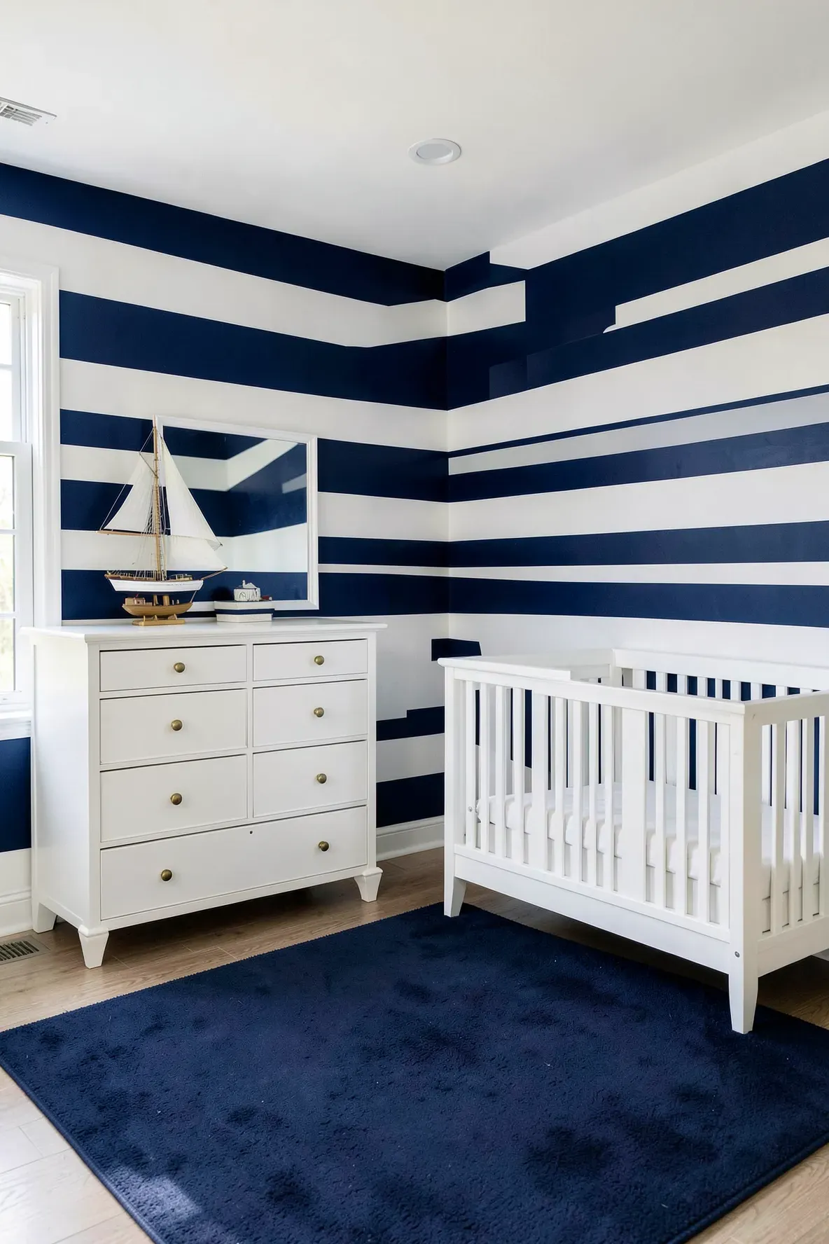 A nautical nursery with wide horizontal navy blue and white striped wallpaper.