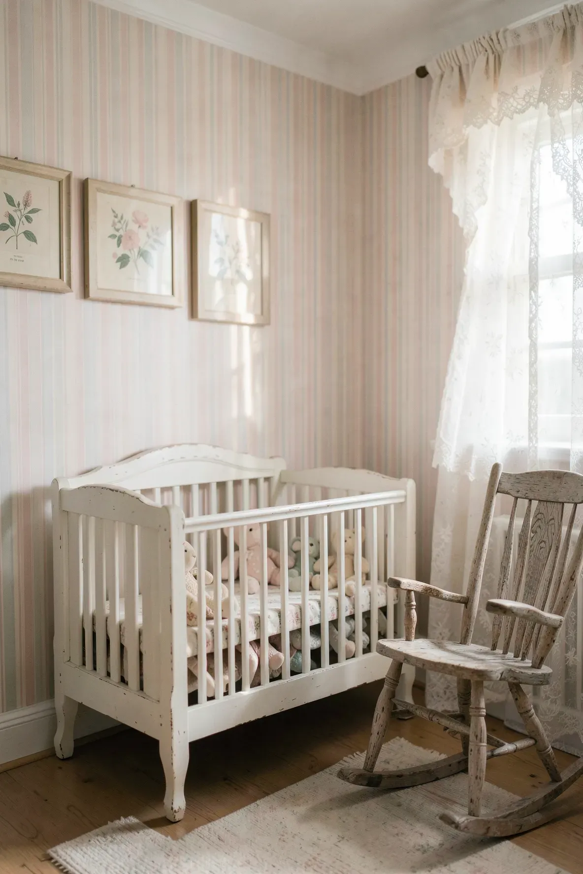 A vintage nursery with faded pastel pinstripe wallpaper and antique wooden furniture.