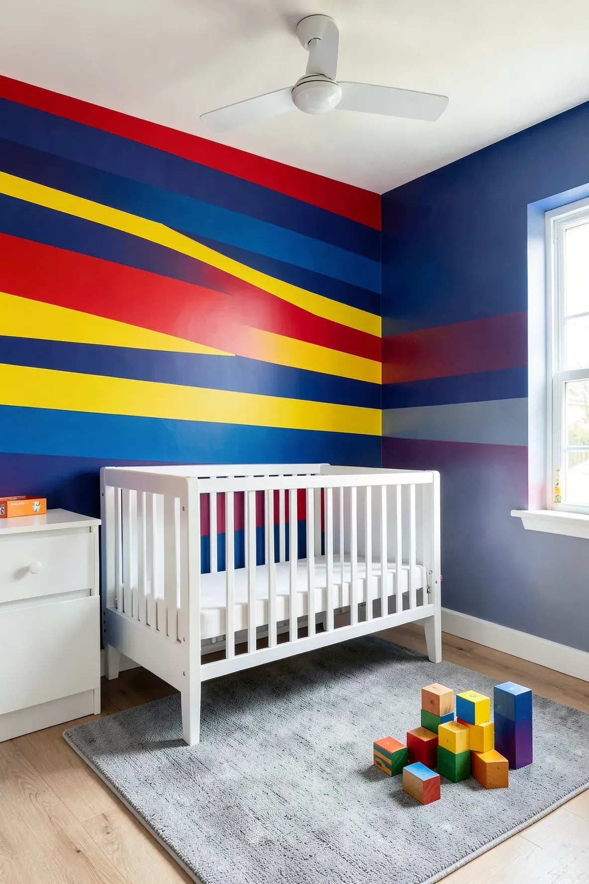 A cheerful nursery with bold red, blue, and yellow striped wallpaper and white furniture.