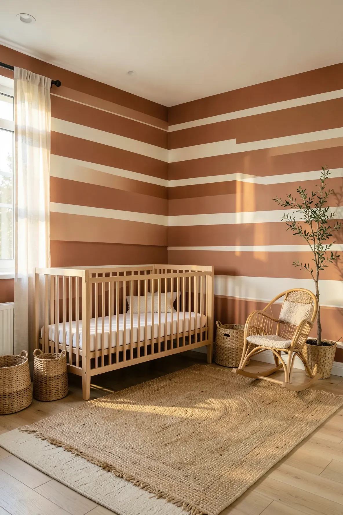 A warm nursery with terracotta and cream striped wallpaper, a wooden crib, and rattan decor.