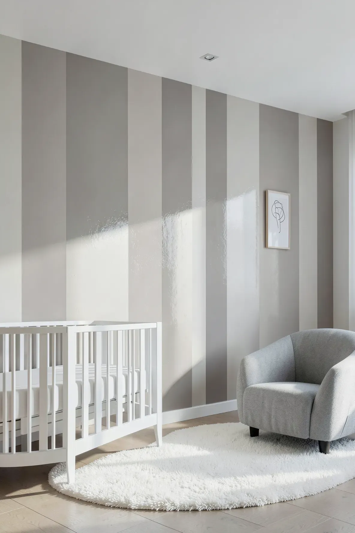 Subtle striped nursery walls created by alternating gloss and matte paint finishes in greige.