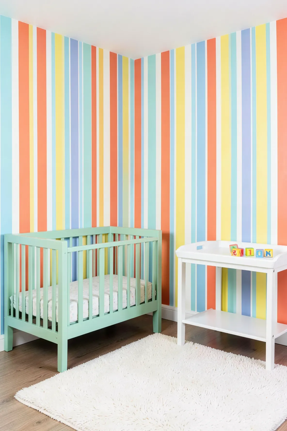 A colorful nursery with multi-colored candy striped wallpaper and a mint green crib.
