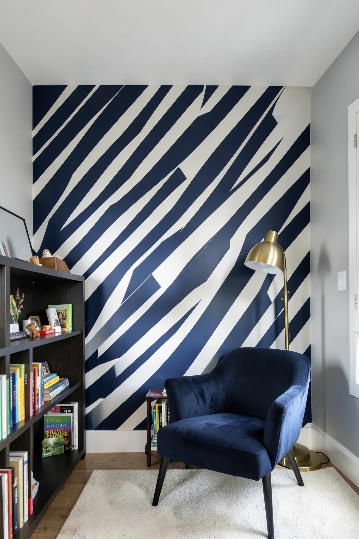 A nursery focal wall with bold navy and white diagonal stripes behind a reading chair.