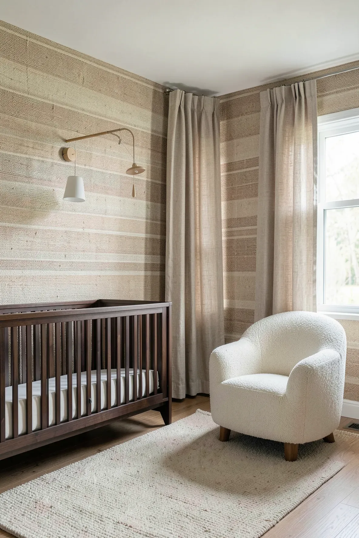 A luxury nursery with textured beige grasscloth striped wallpaper and walnut furniture.