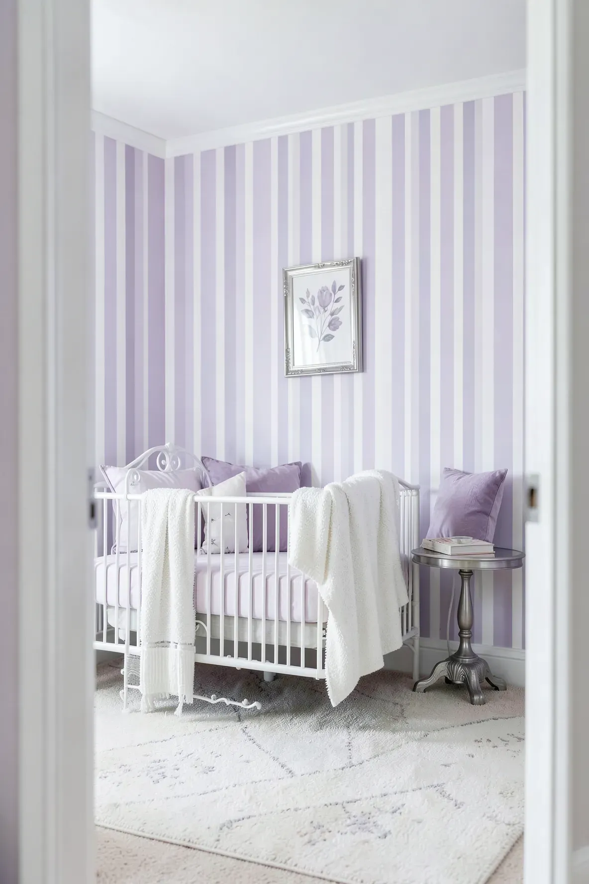 A peaceful nursery with soft lavender and white striped wallpaper and a white iron crib.