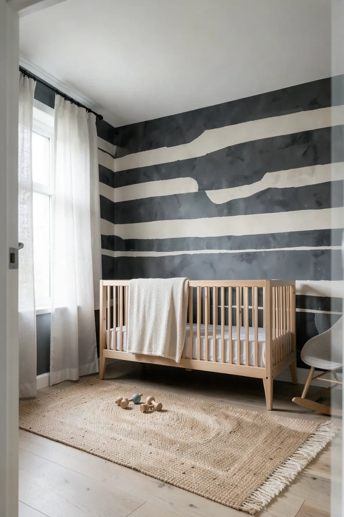 A nursery with organic hand-painted charcoal stripes on white walls and light oak furniture.