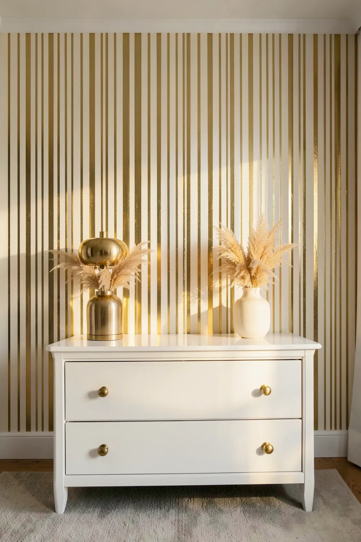Elegant nursery with metallic gold pinstripe wallpaper, white dresser, and brass accents.