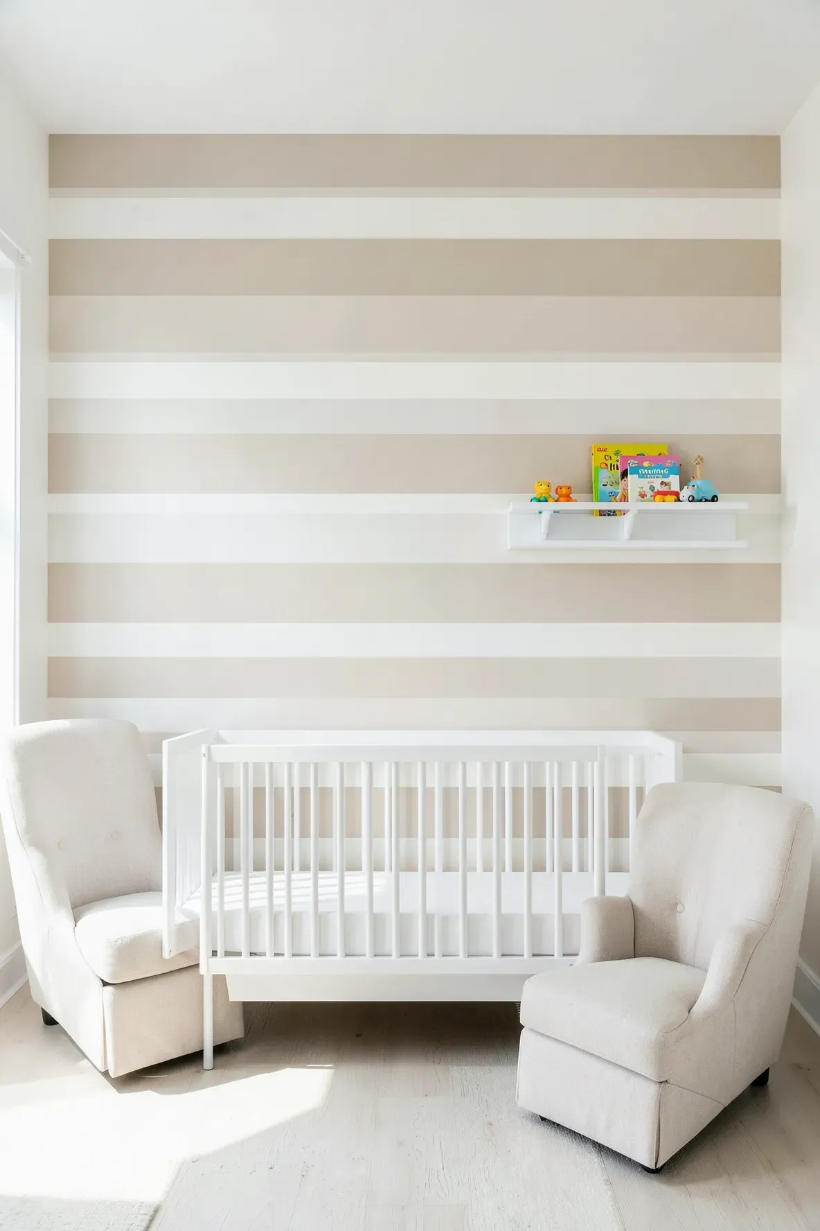 Minimalist nursery with wide beige and ivory horizontal striped walls and white furniture.