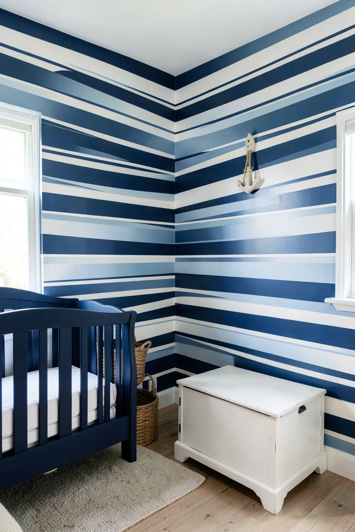 Nautical nursery with varying widths of blue and white stripes and rope decor.
