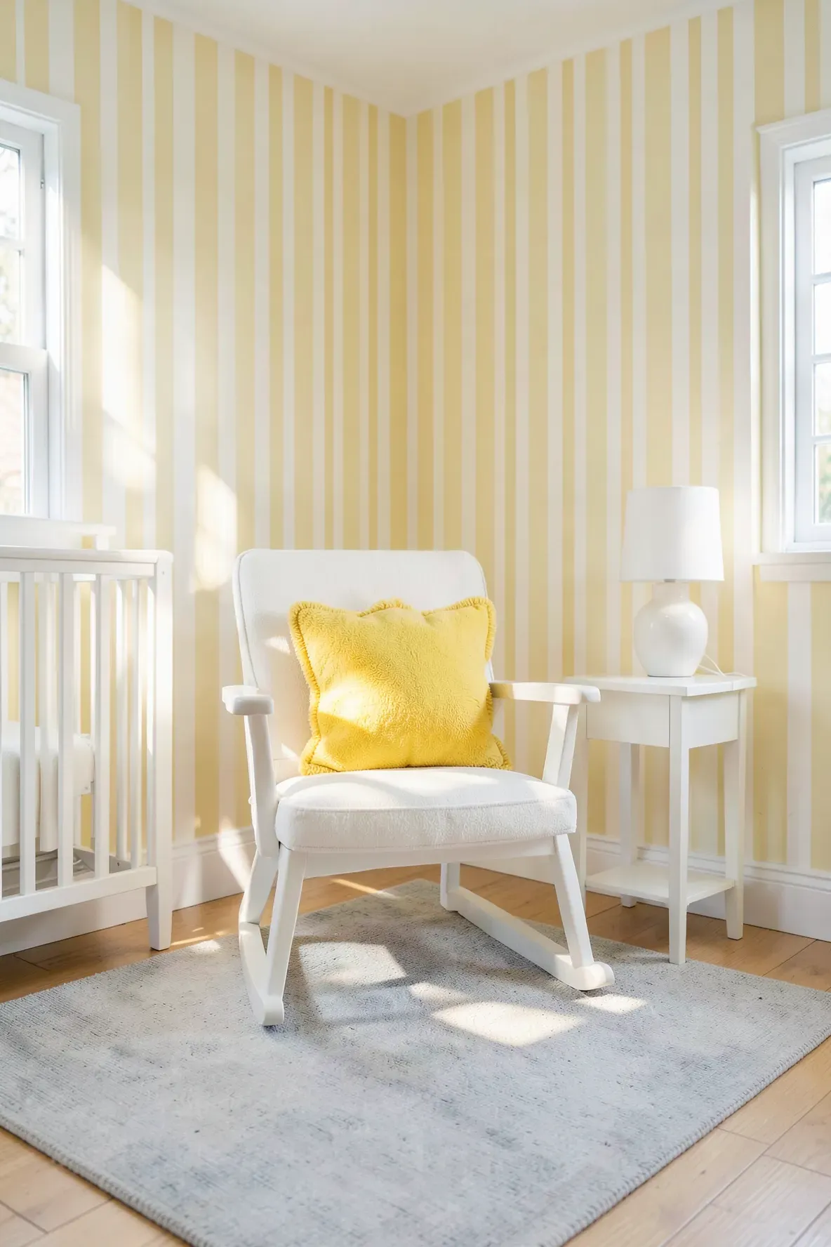 Bright nursery with pale yellow and white striped wallpaper and white furniture.
