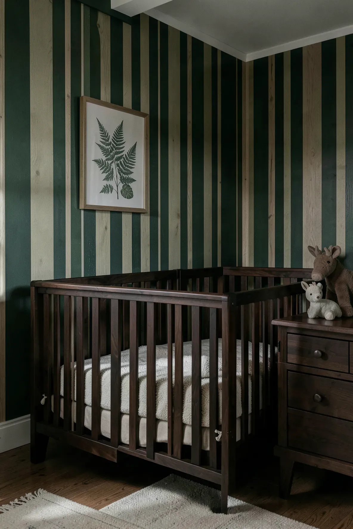 Cozy woodland nursery with deep forest green stripes and dark wood furniture.