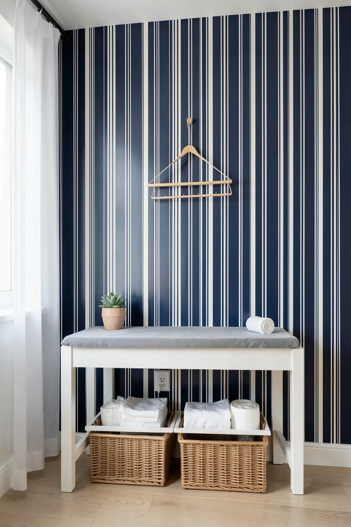 A clean nursery changing station with navy and white striped waterproof wallpaper.