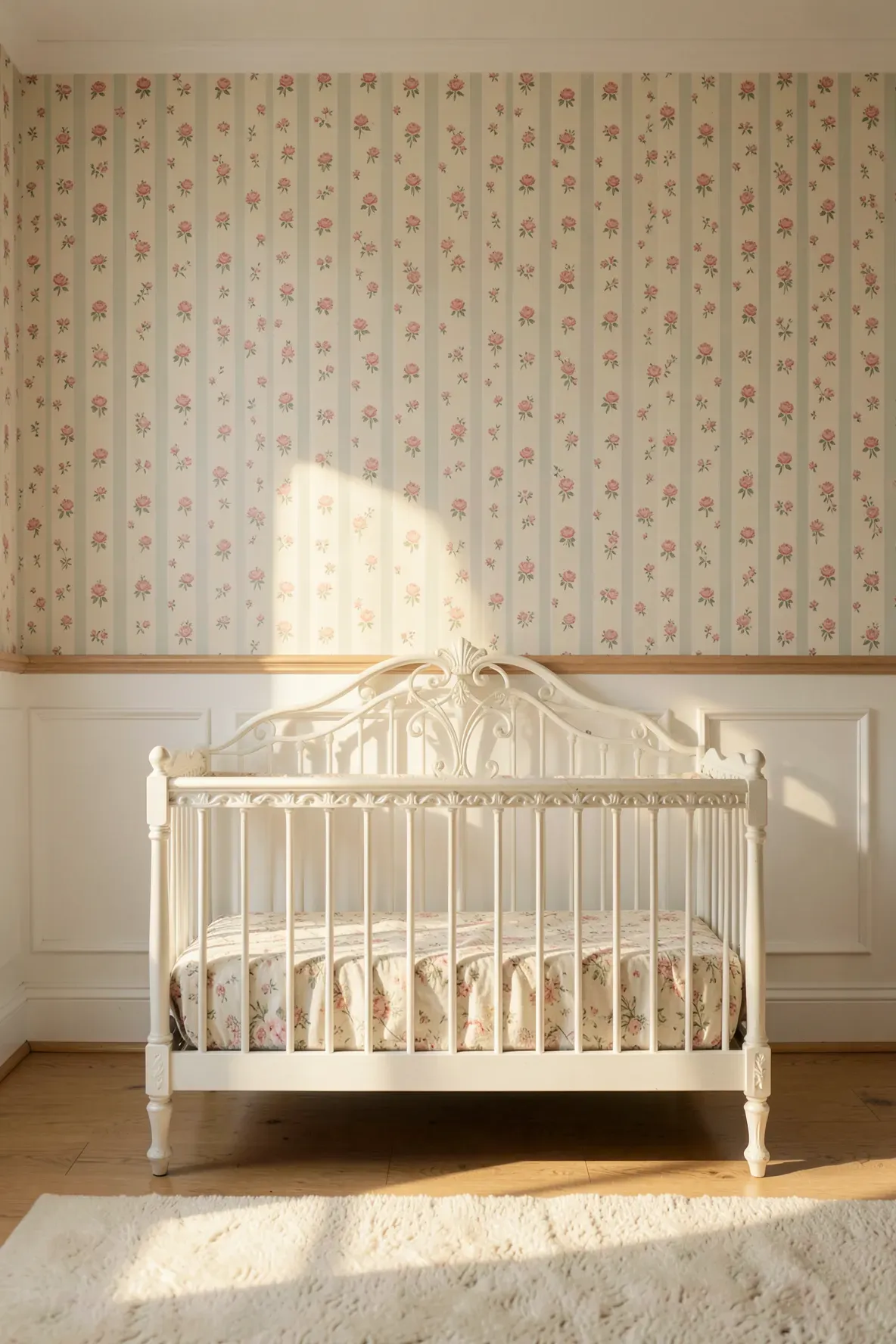 A traditional nursery with floral striped wallpaper and white wainscoting.
