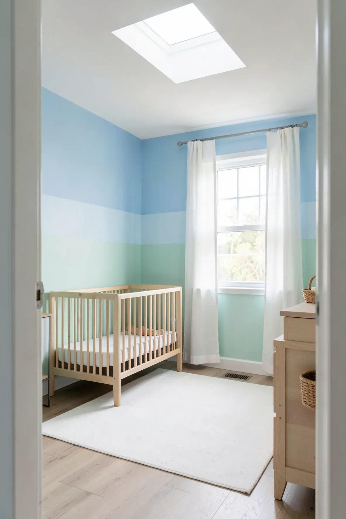 A peaceful nursery with sky blue and mint green horizontal striped walls and light wood furniture.