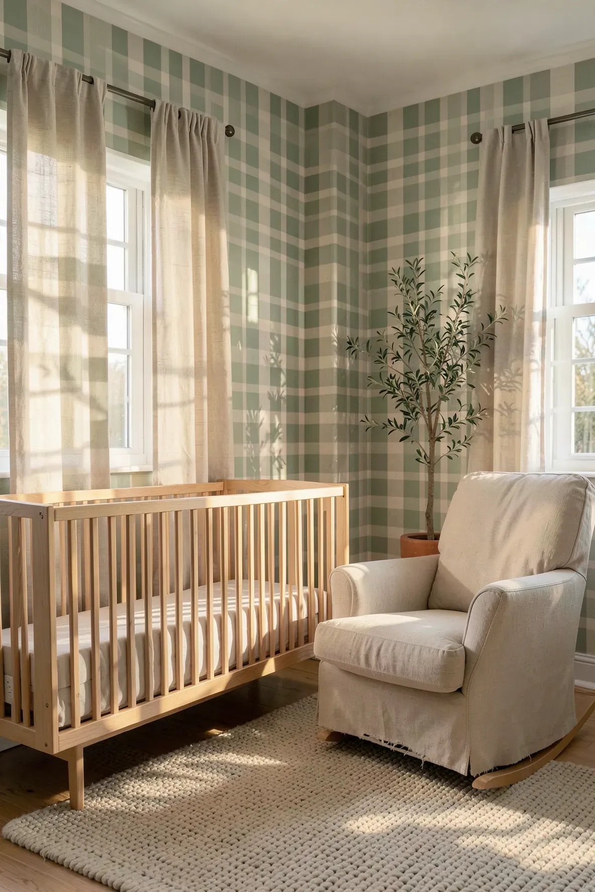 A calming nursery with sage green checkered wallpaper, natural wood furniture, and a wool rug.