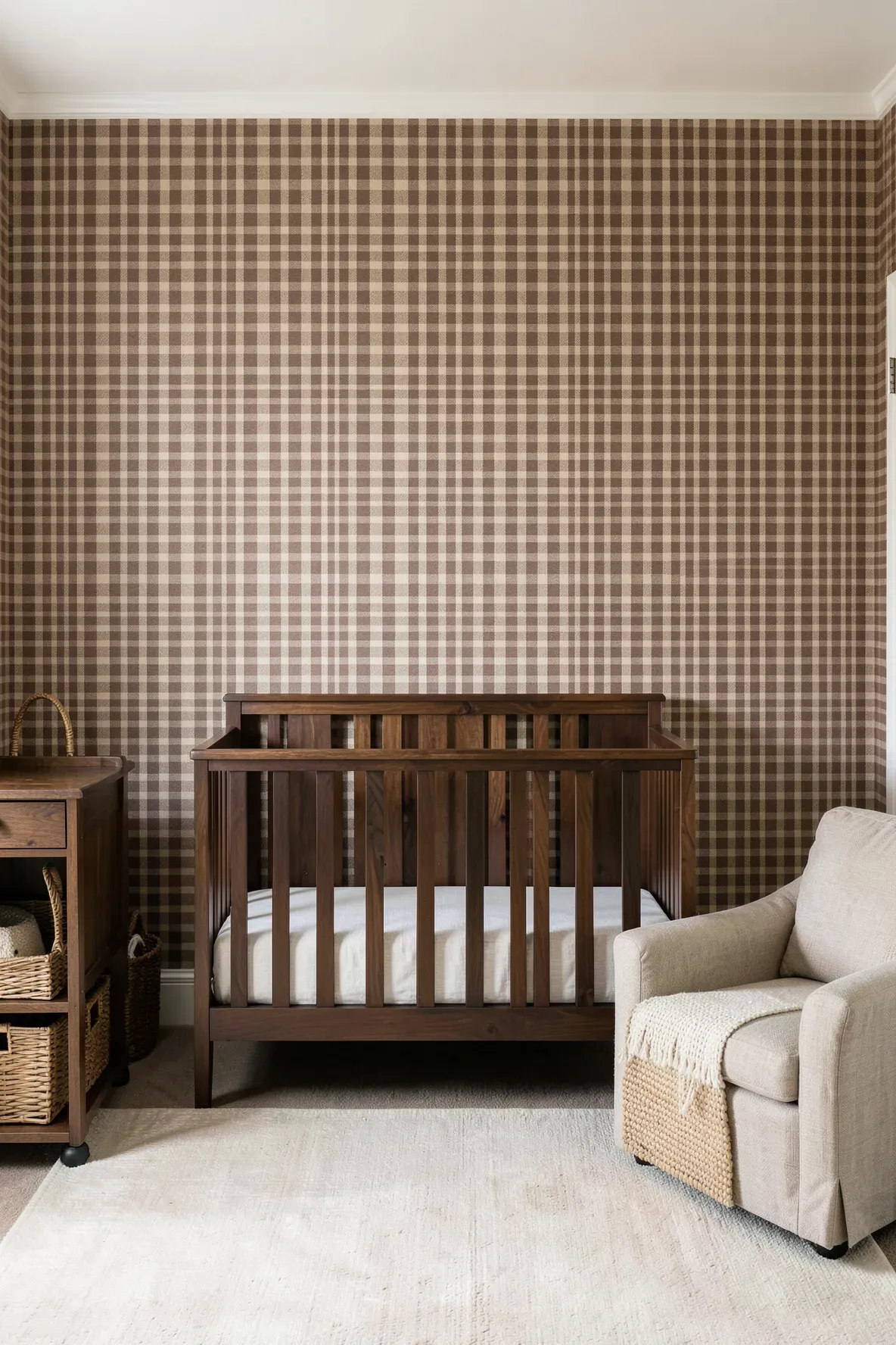 An earthy nursery featuring warm brown gingham wallpaper and dark walnut wooden furniture.