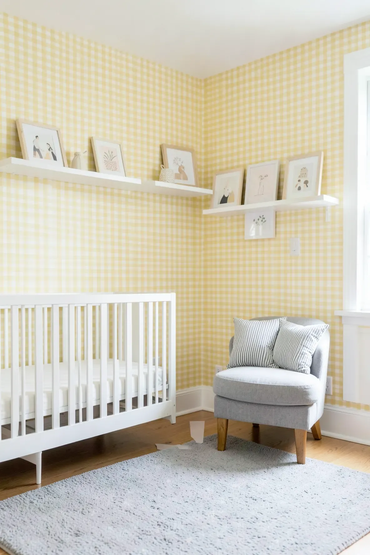 A bright nursery with buttery yellow gingham wallpaper, white furniture, and grey accents.