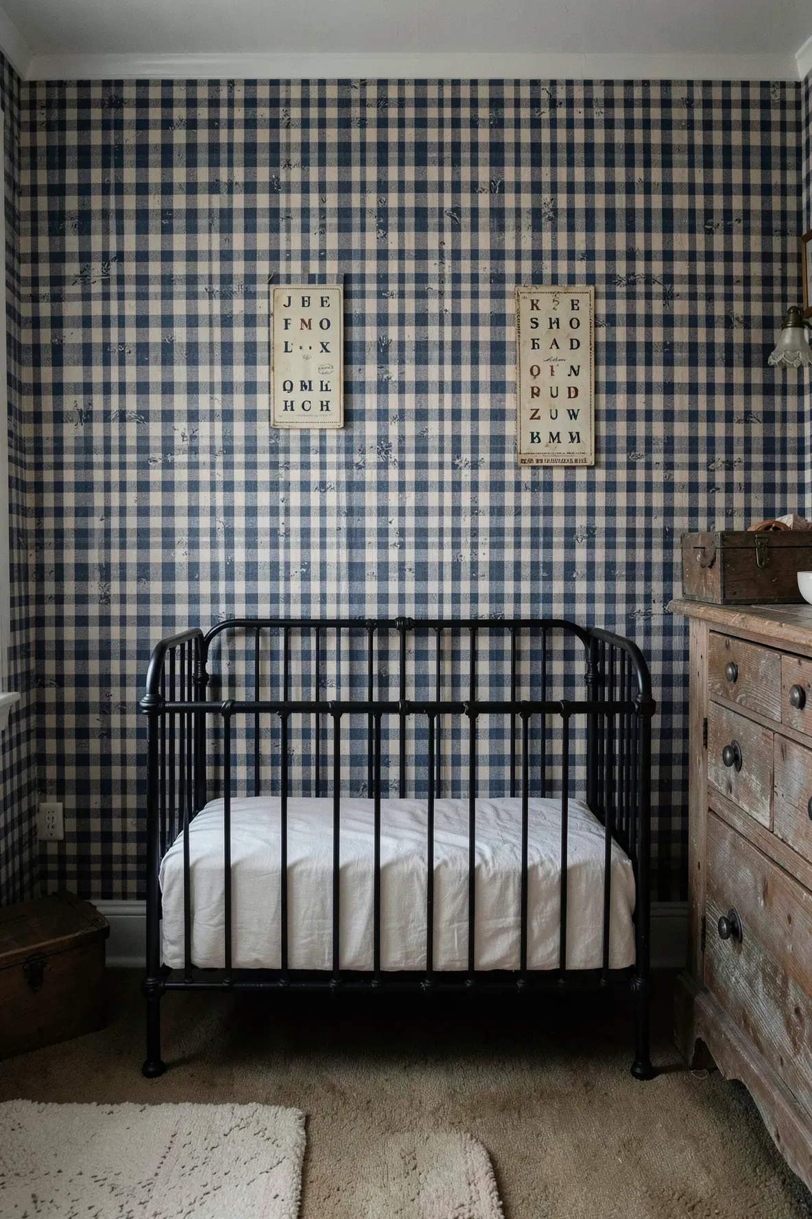 A vintage farmhouse nursery with distressed gingham wallpaper and an antique metal crib.