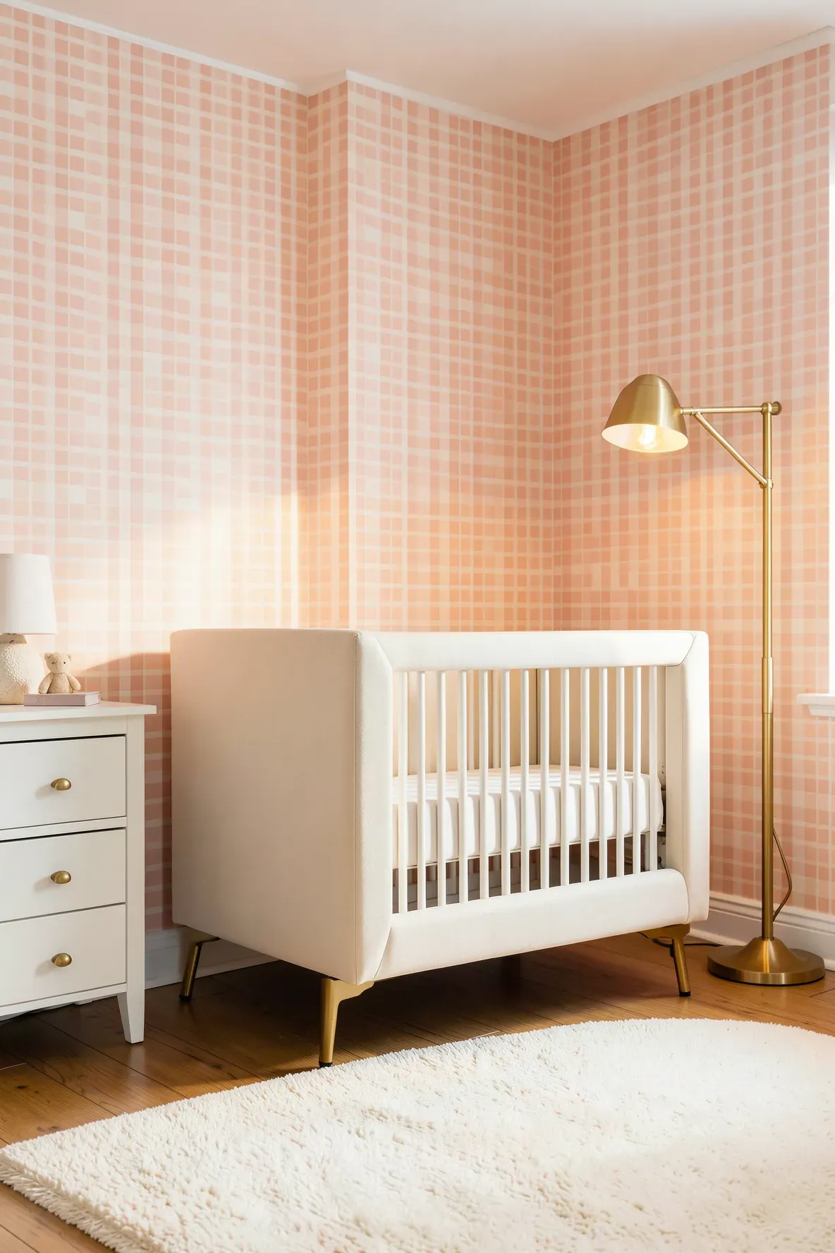 A soft, elegant nursery with peachy pink checkered wallpaper and gold hardware accents.