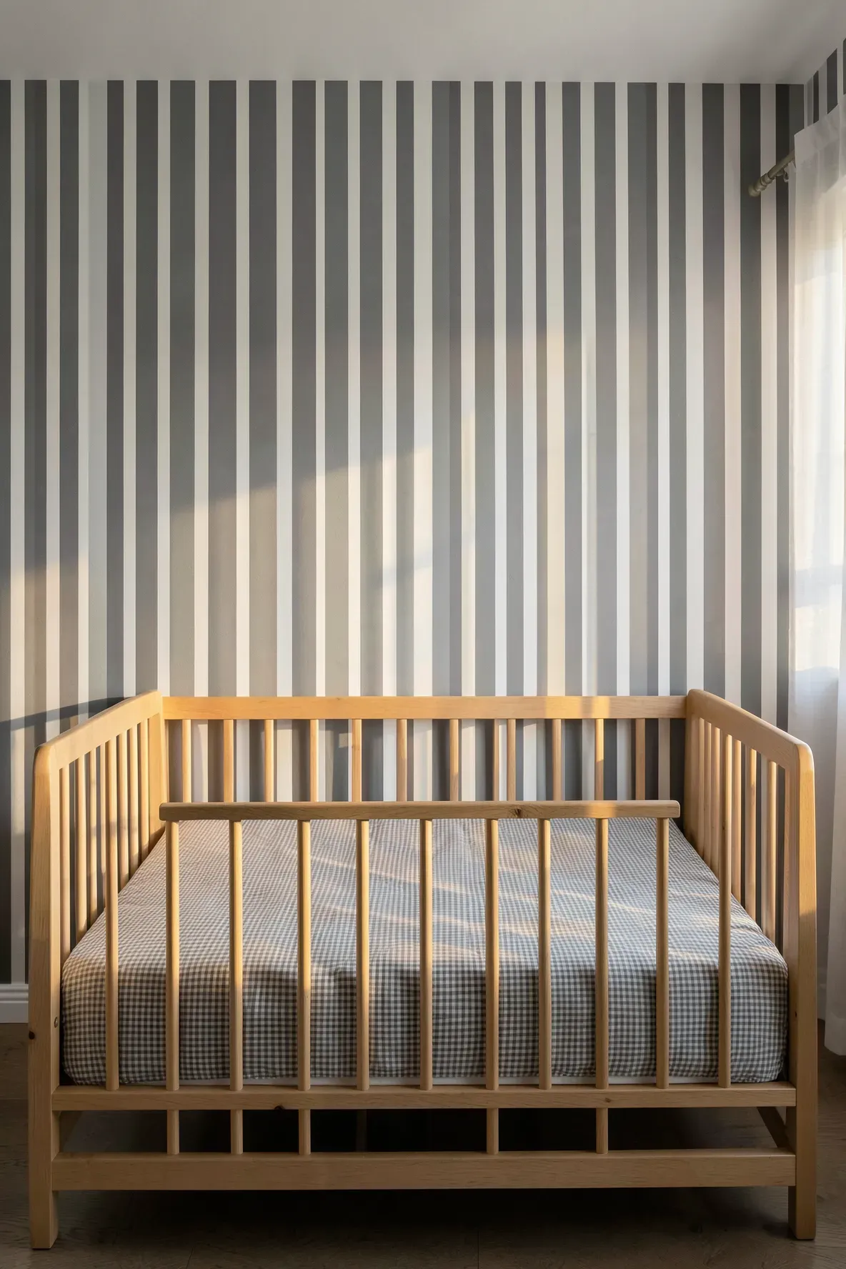 Nursery with grey and white striped wallpaper and matching grey gingham crib bedding.