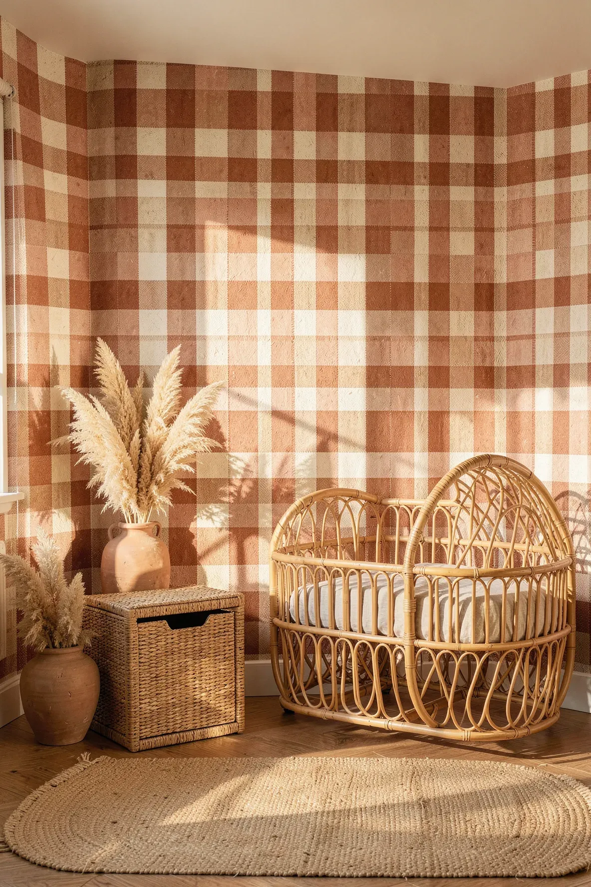 Bohemian nursery with terracotta checkered wallpaper and natural rattan furniture.