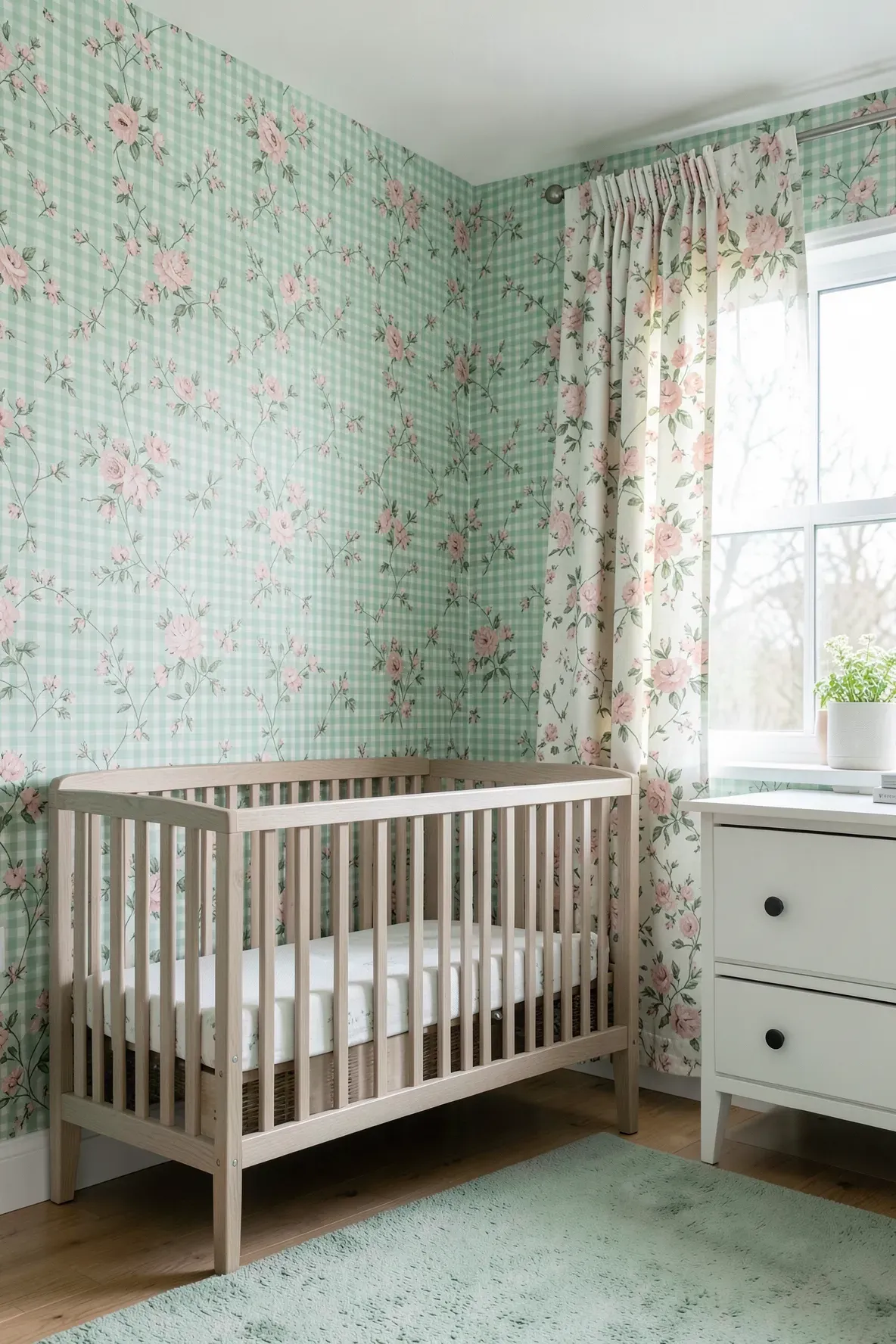 A soft mint green gingham wallpaper nursery with floral curtains and light wood furniture.