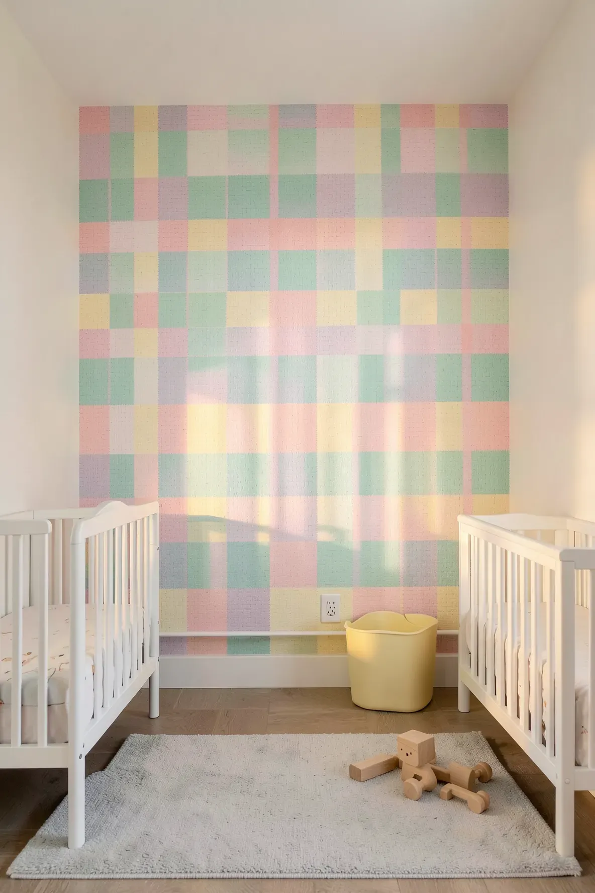 A nursery feature wall with a multi-colored pastel gingham pattern in pink, blue, and yellow.