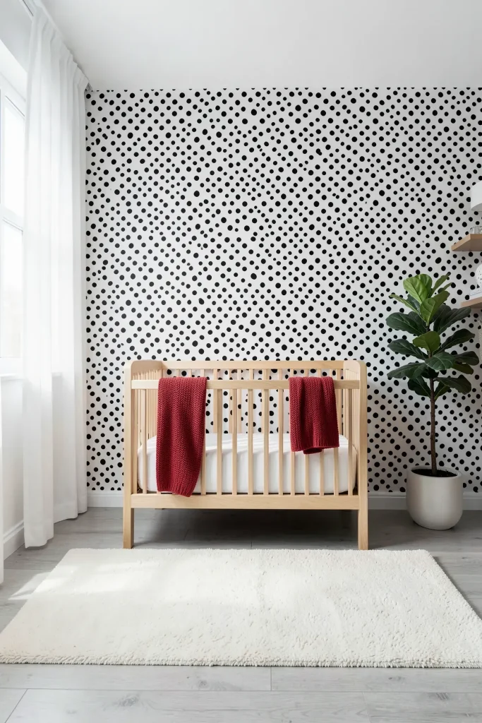 A modern nursery with black and white Dalmatian spot wallpaper behind a light wood crib.