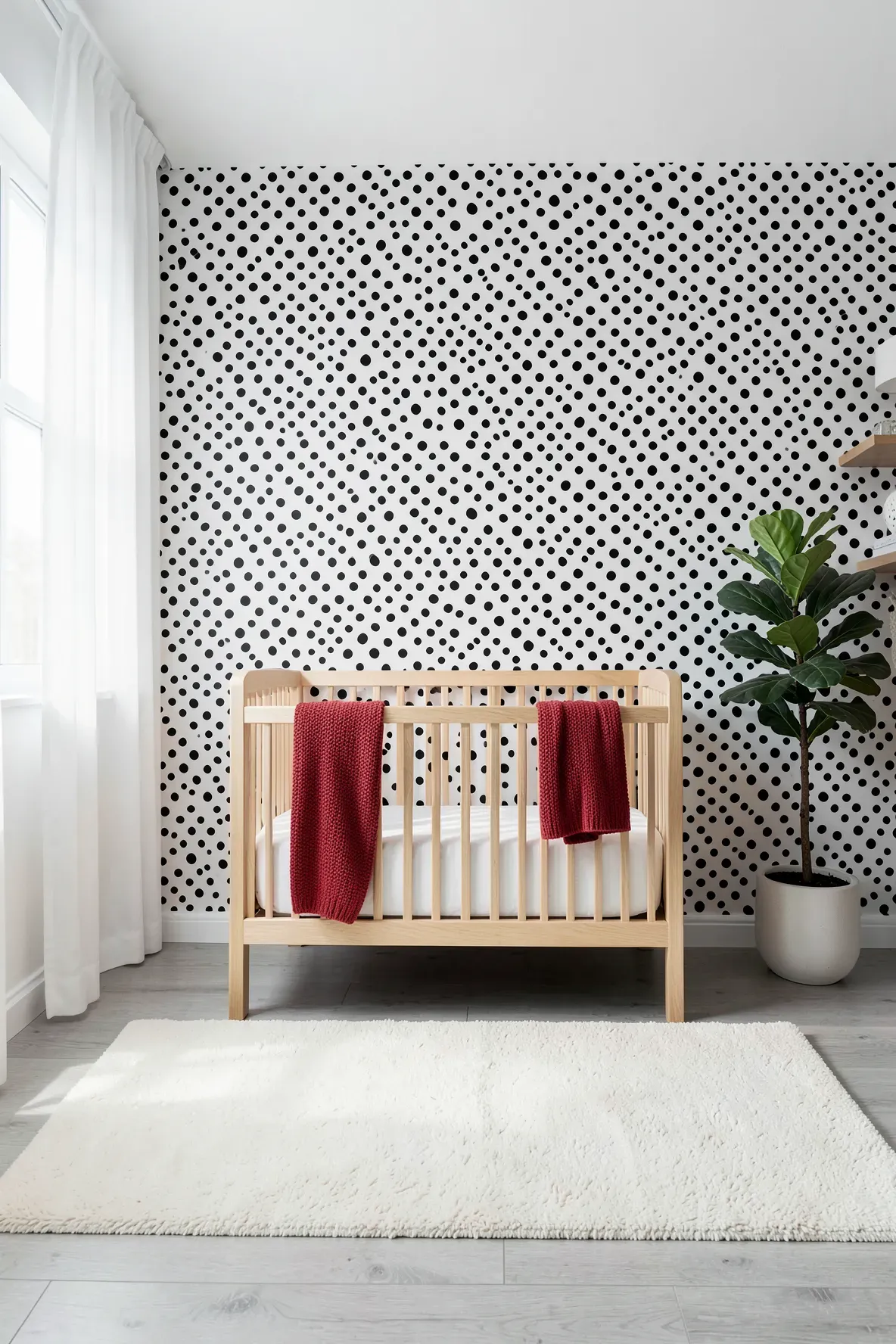 A modern nursery with black and white Dalmatian spot wallpaper behind a light wood crib.