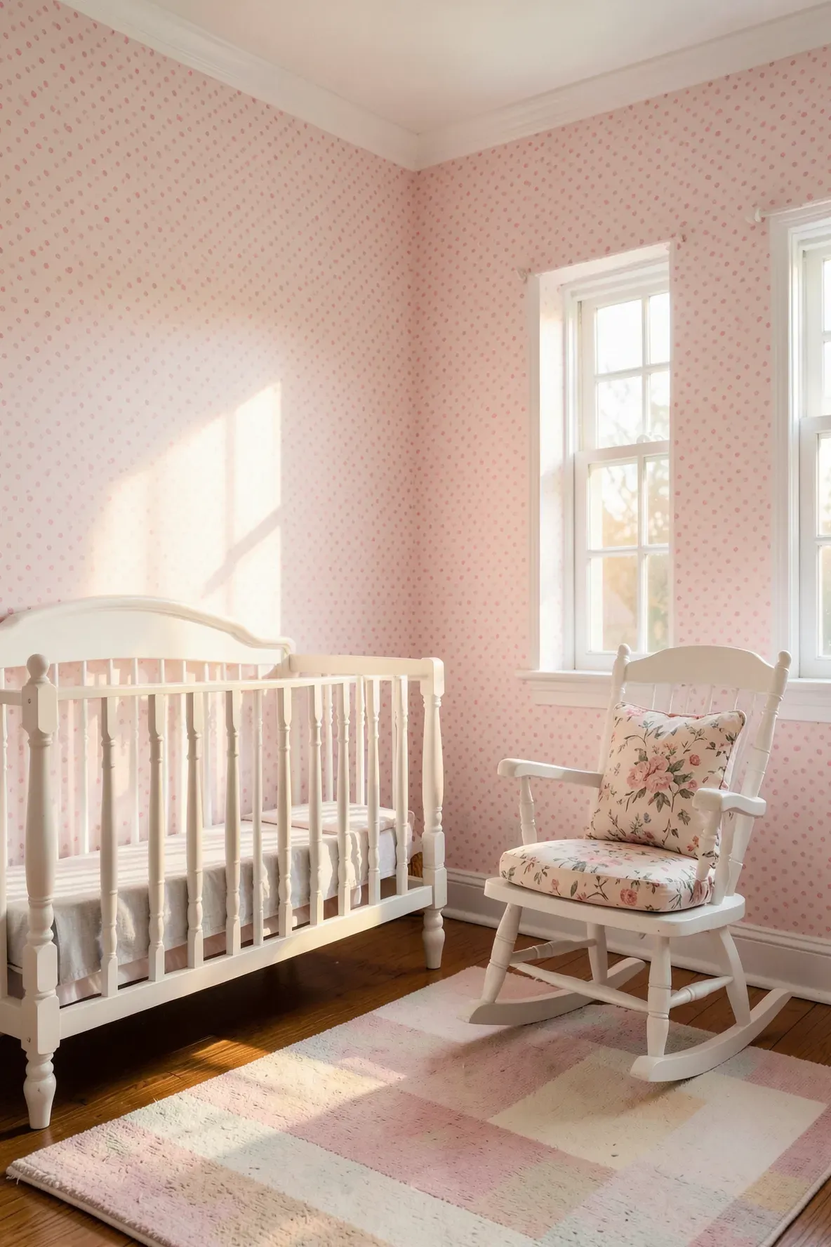A traditional nursery with soft pink and white polka dot wallpaper and white furniture.