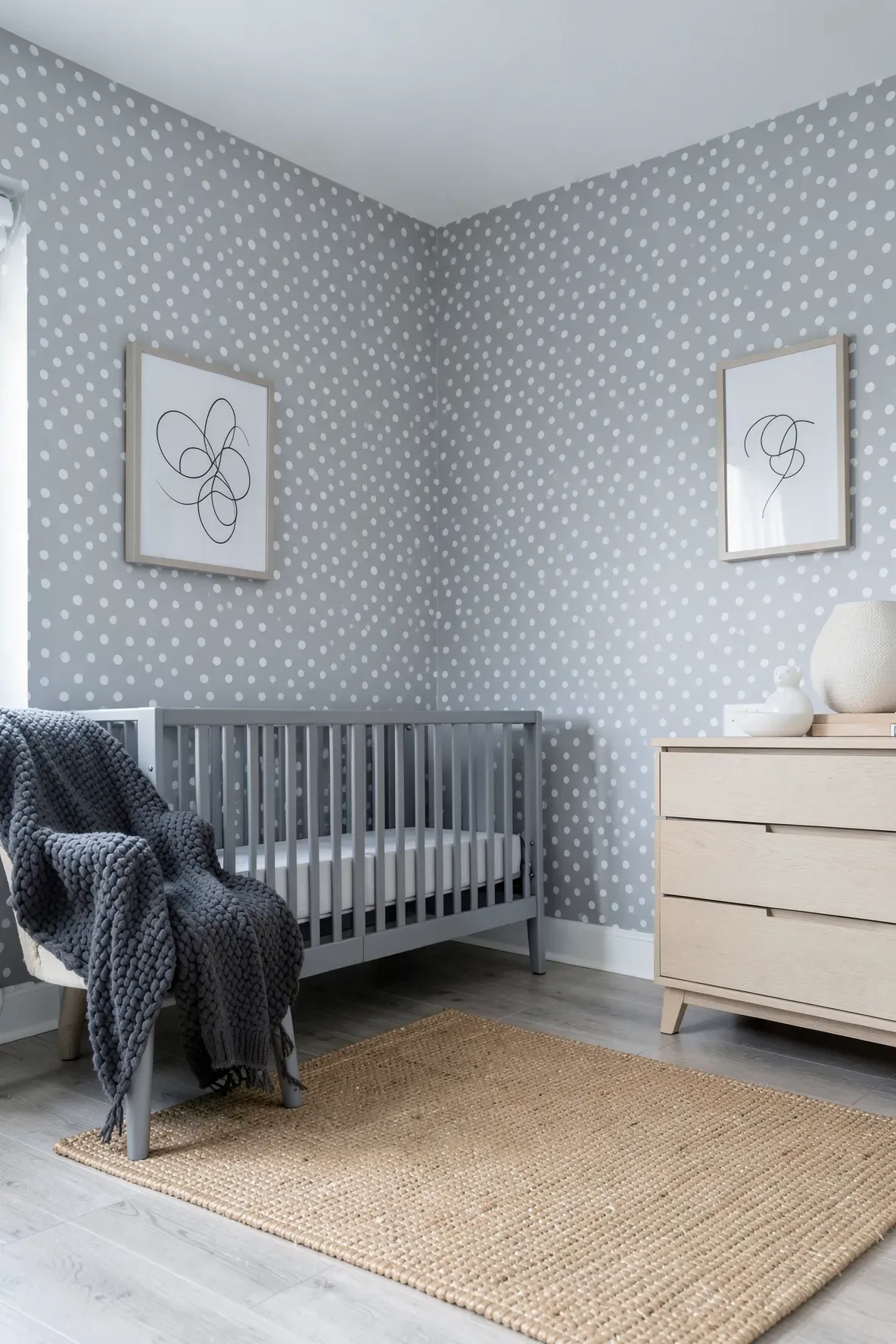 A gender-neutral nursery featuring muted grey and white polka dot wallpaper and a jute rug.