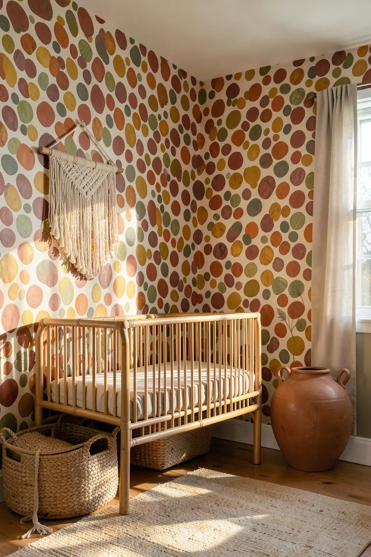 A boho nursery with irregular terracotta spots on the wall and a rattan crib.