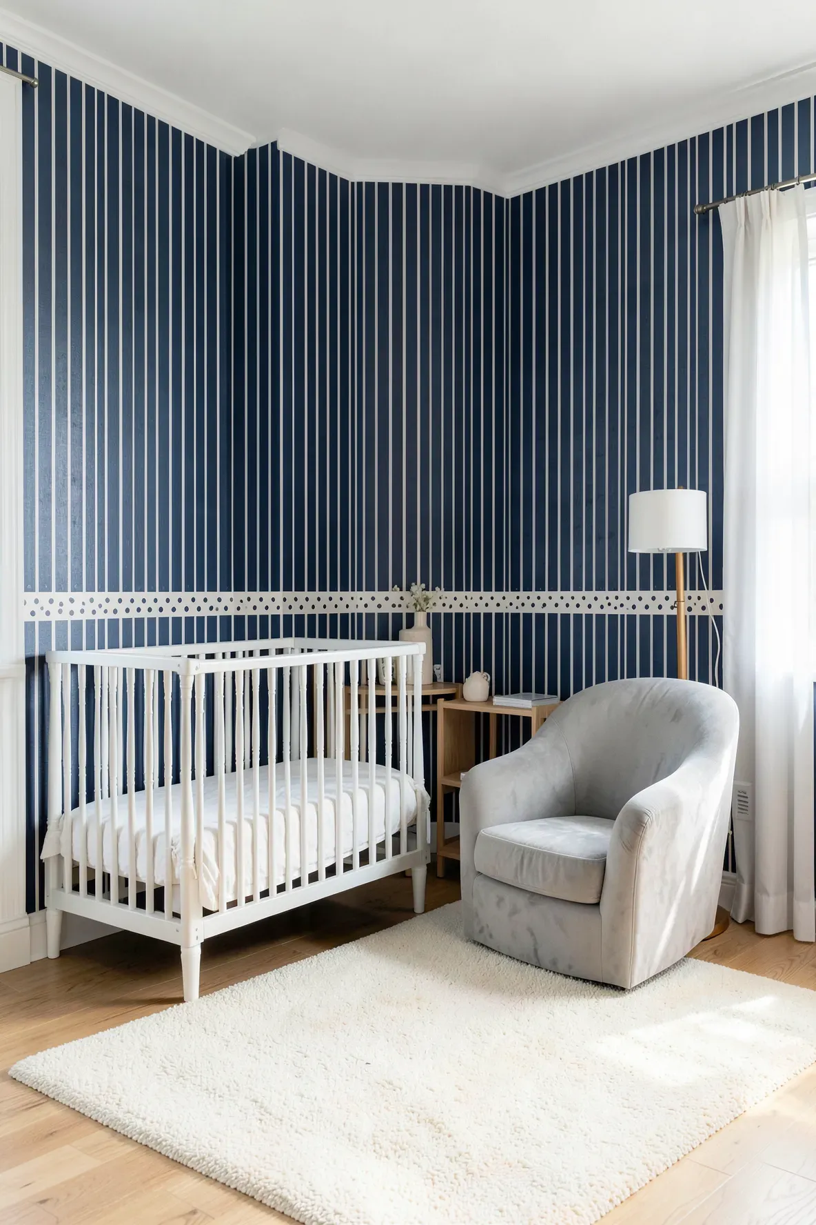 A nursery with navy blue vertical striped wallpaper and a matching polka dot border.