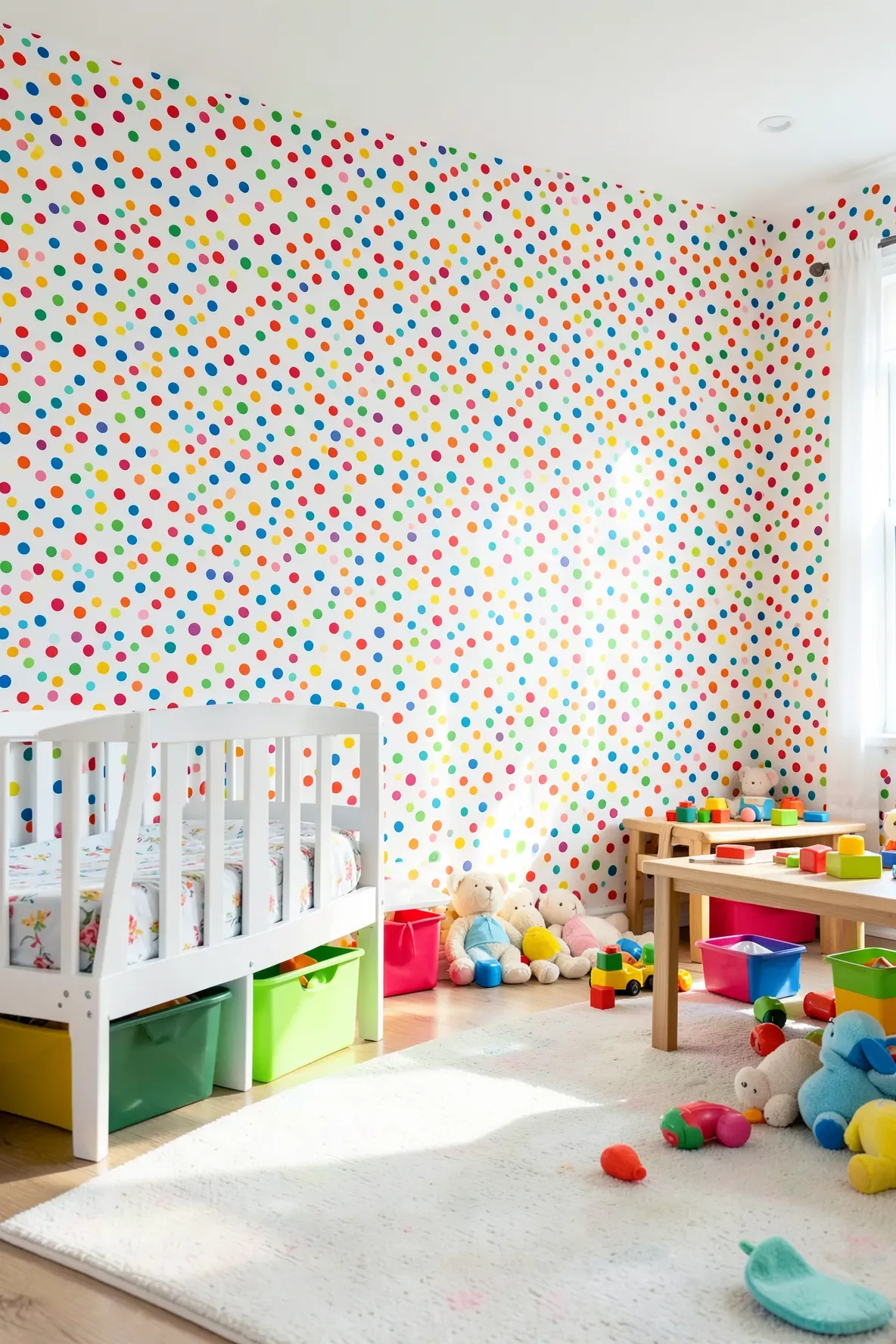 Playful toddler room with multi-colored confetti polka dot wallpaper and white furniture.