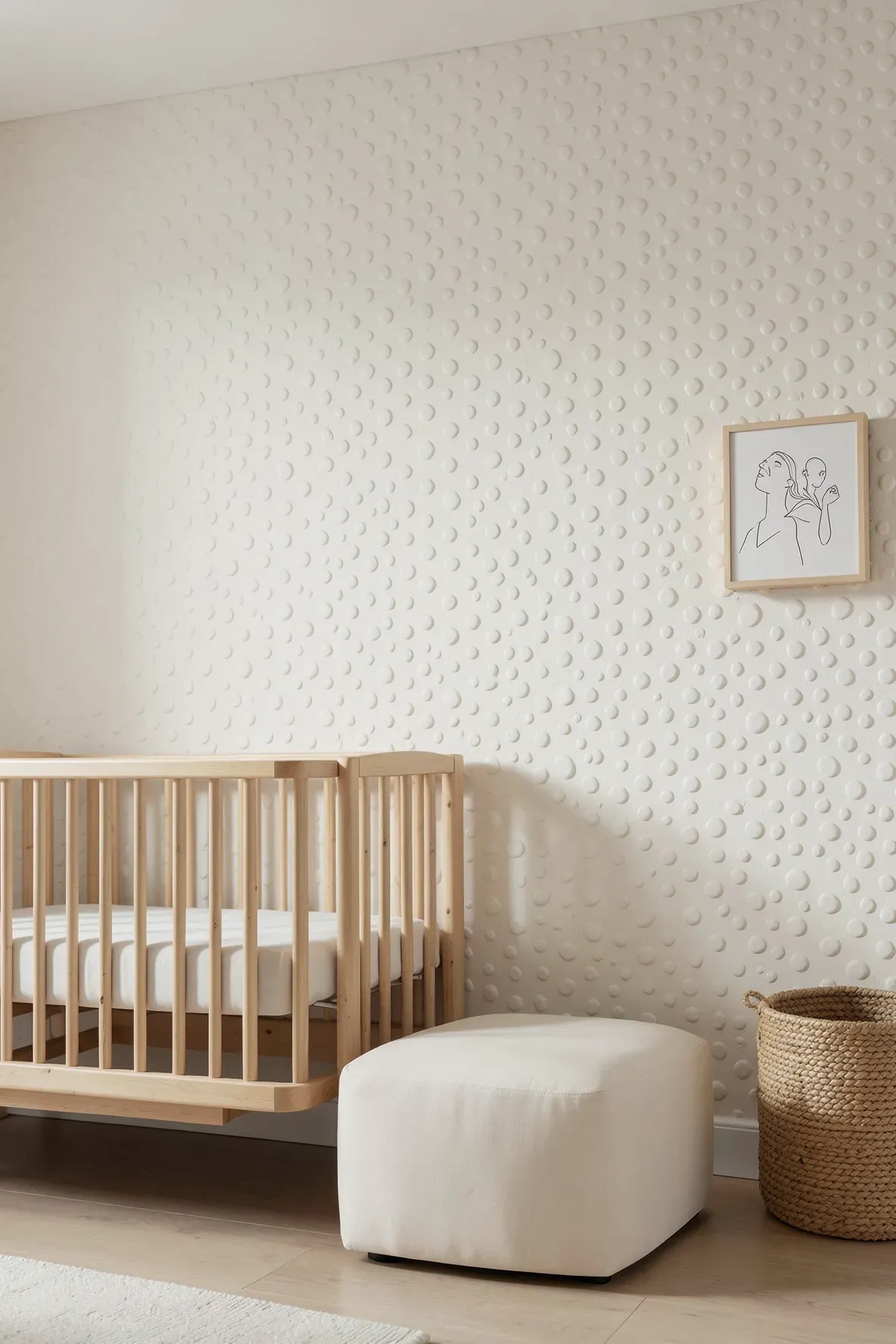 Close-up of cream embossed polka dot wallpaper in a minimalist nursery setting.