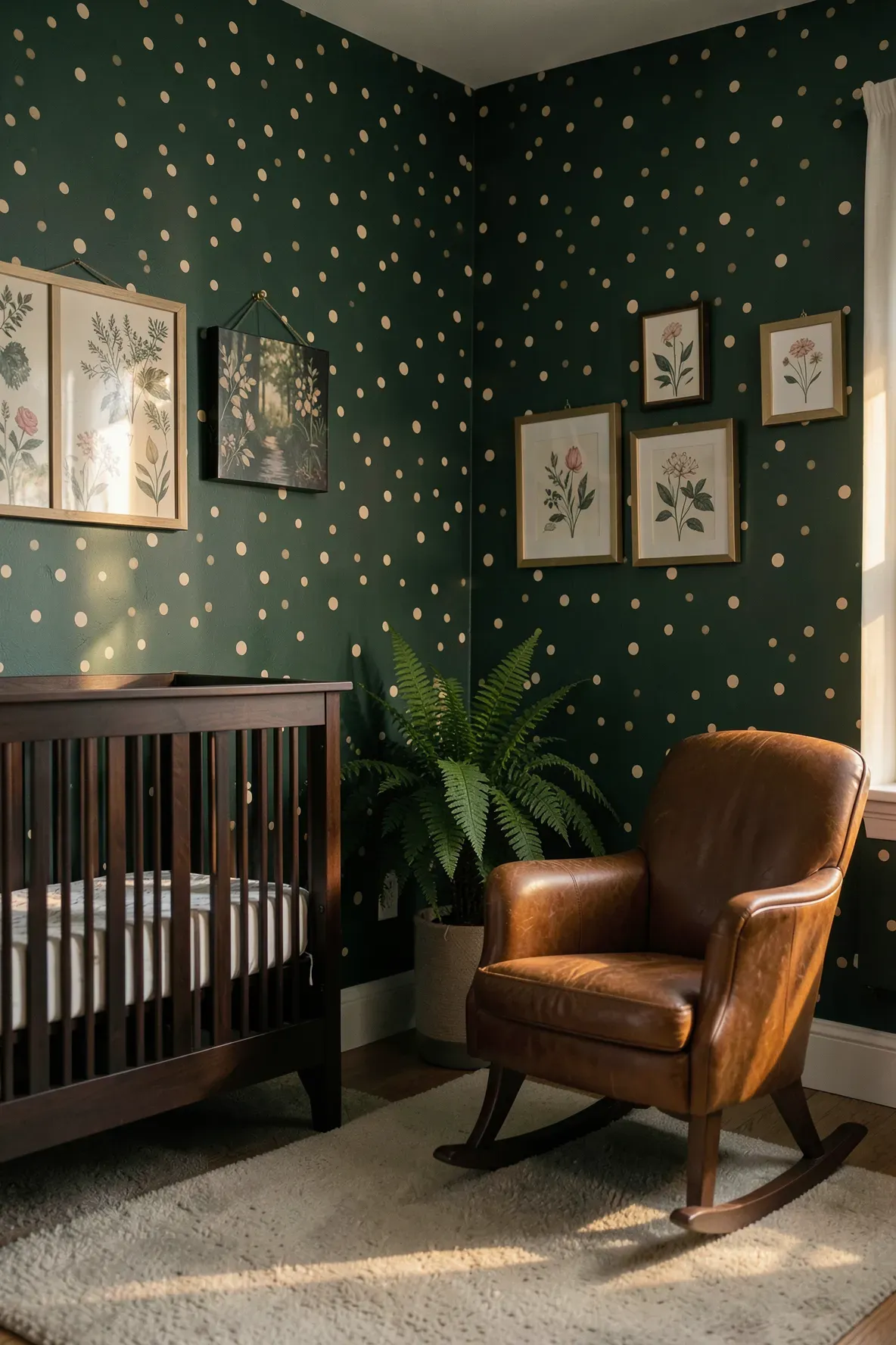 Nature-themed nursery with forest green and cream polka dot wallpaper and dark wood furniture.