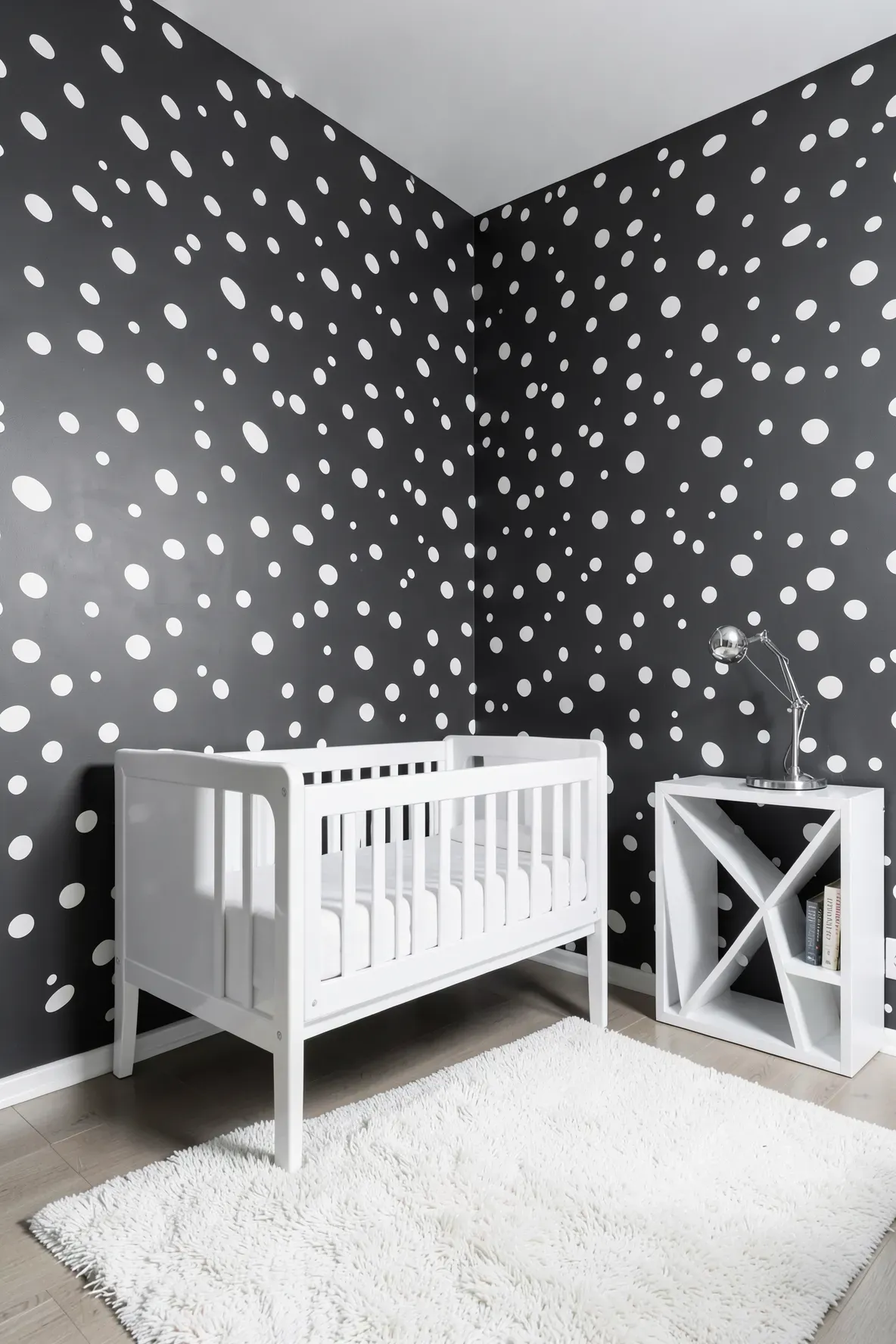 Modern nursery with charcoal gray wallpaper and large white polka dots.
