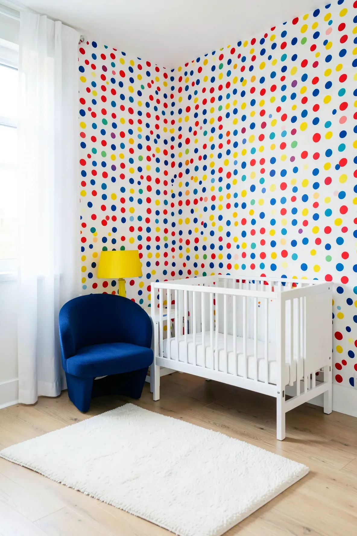 A bright nursery with red, blue, and yellow polka dot wallpaper and matching blue chair.