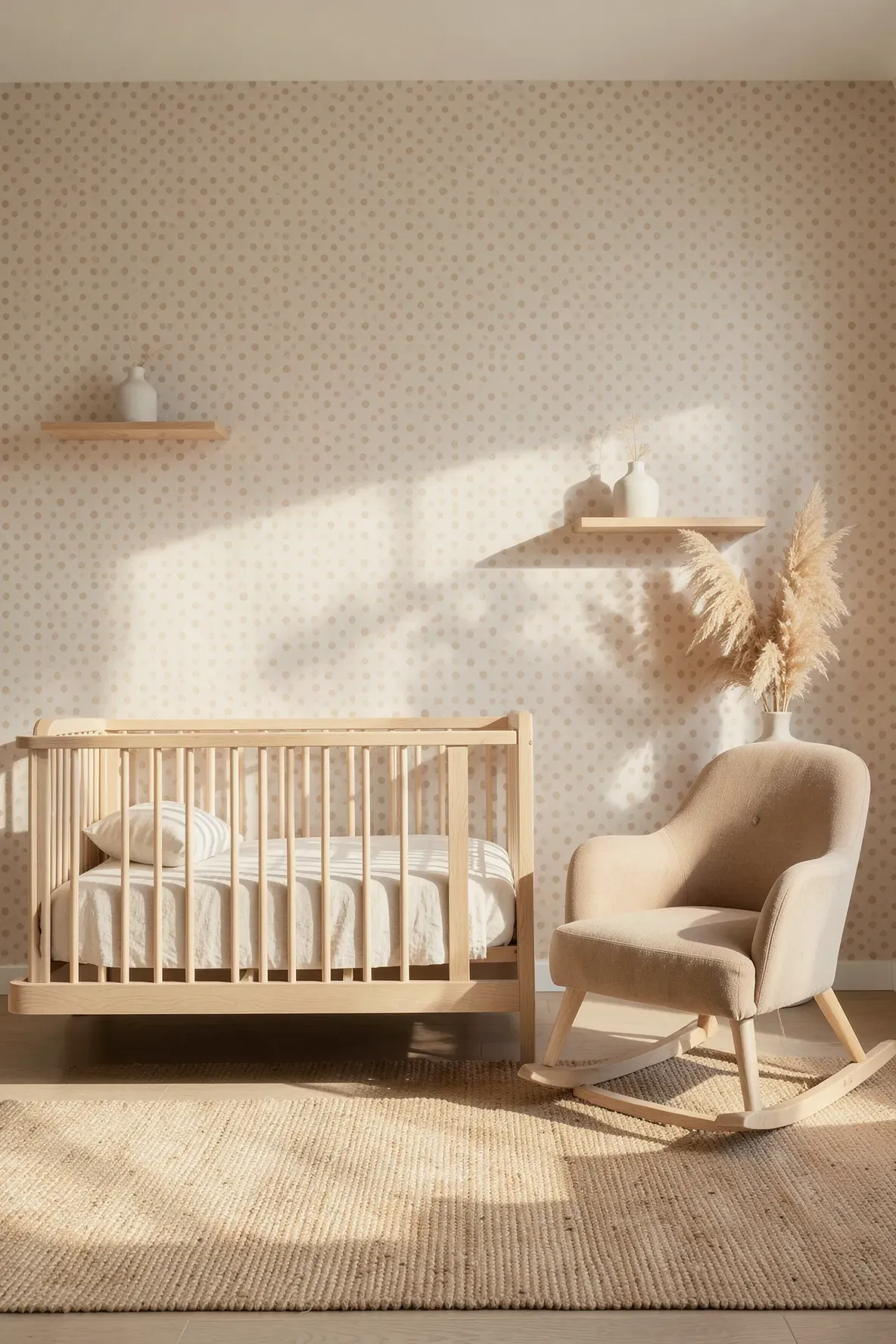 A minimalist beige nursery with subtle sand-colored polka dot wallpaper and wooden furniture.