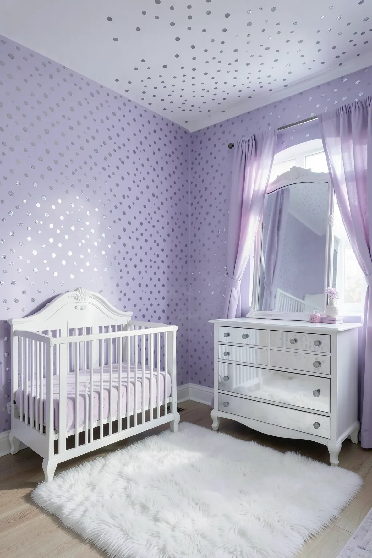 A soft lavender nursery with shimmering silver polka dot wallpaper and mirrored furniture.