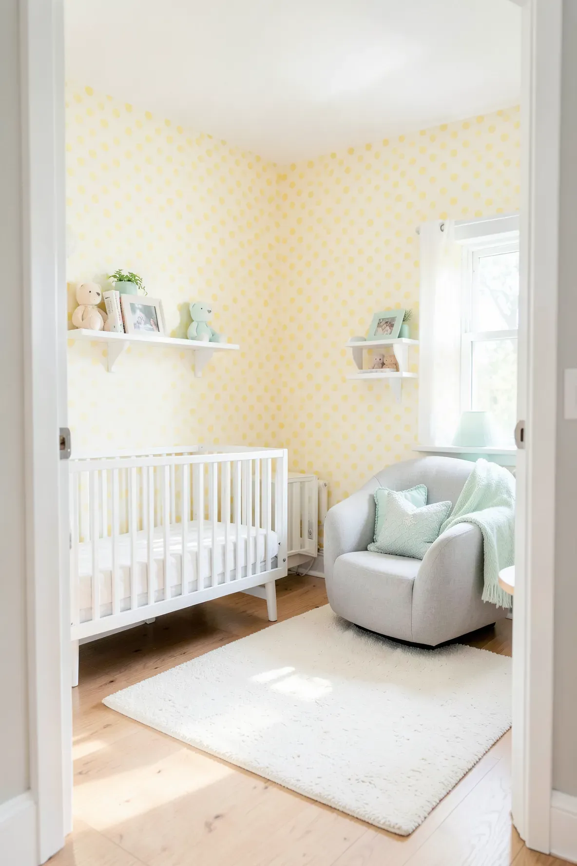 A small, bright nursery with cheerful yellow polka dot wallpaper and white furniture.