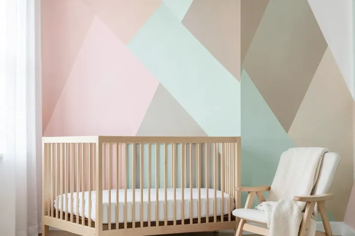 A modern nursery with a large-scale pastel triangle accent wall in pink, mint, and beige.